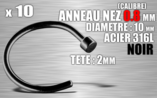 lot de 10 anneau ouvert pour nez - calibre 0.8 mm - diametre 10 mm - tete : 2 mm - acier 316 l noir