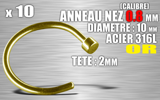 lot de 10 anneau ouvert pour nez - calibre 0.8 mm - diametre 10 mm - tete : 2 mm - acier 316 l or