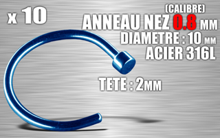 lot de 10 anneau ouvert pour nez - calibre 0.8 mm - diametre 10 mm - tete : 2 mm - acier 316 l bleu