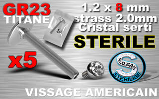 lot de 5 labret titane grade 23 - 1.2 x 8 - vissage americain - boule strass cristal 2 mm serti - sterilise. mentions au dos du sachet : matiere du bijou - date de peremption - type de sterilisation