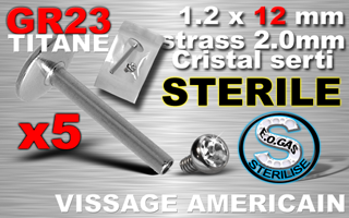 lot de 5 labret titane grade 23 - 1.2 x 12 - vissage americain - boule strass cristal 2 mm serti - sterilise. mentions au dos du sachet : matiere du bijou - date de peremption - type de sterilisation