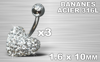 lot de 3 bananes acier light strass cristal coeur - barre 1.6 x 10 - boule superieure 5 mm avec strass.