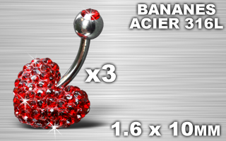 lot de 3 bananes acier light strass rouge coeur - barre 1.6 x 10 - boule superieure 5 mm avec strass.