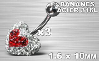 lot de 3 bananes acier light strass bicolor coeur - barre 1.6 x 10 - boule superieure 5 mm avec strass.