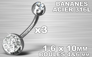 lot de 3 bananaes acier 1.6 x 10 - boule 4&6 mm - light strass cristal