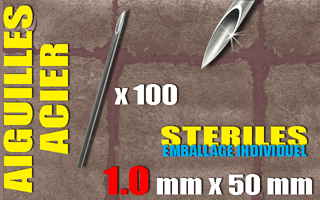 100 aiguilles acier 50 mm - diametre 1.0 mm - triple biseau - sterilisees en france - emballees individuellement. avec protection en mousse du biseau. 18 g