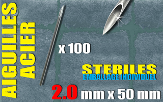 100 aiguilles acier 50 mm - diametre 2.0 mm - triple biseau - sterilisees en france - emballees individuellement. avec protection en mousse du biseau. 12 g