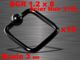 lot de 10 bcr carre acier 316 l noir - 1.2 x 8 - boule 3 mm