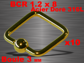 lot de 10 bcr carre acier 316 l dore - 1.2 x 8 - boule 3 mm