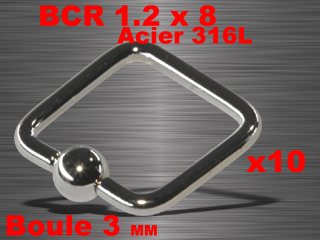 lot de 10 bcr carre acier 316 l - 1.2 x 8 - boule 3 mm