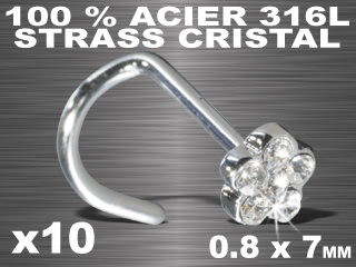 lot de 10 nose studs courbes - acier 316 l + rodium (fleur) - strass cristal