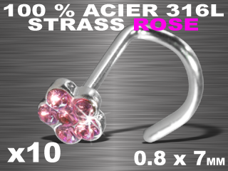 lot de 10 nose studs courbes - acier 316 l + rodium (fleur)- strass rose