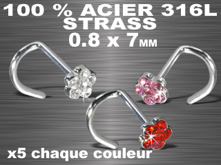 lot de 15 nose studs courbes - acier 316 l + rodium (fleur)