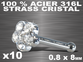 lot de 10 nose studs droit - acier 316 l (fleur)- strass cristal