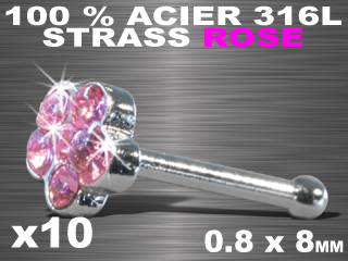 lot de 10 nose studs droit - acier 316 l + rodium (fleur)- strass rose