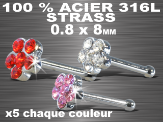 lot de 15 nose studs droit - acier 316 l+ rodium (fleur)