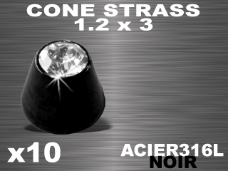 lot de 10 cones acier noir 1.2 x 3 - strass cristal