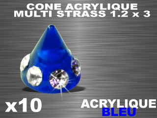 lot de 10 cones acrylique bleu - 1.2 x 3 - multi strass cristal