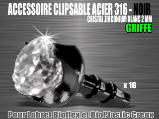 accessoires clipsable acier 316 l noir - zirconium cristal 2 mm - pour labret bioflex et bioplastic creux