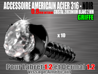 accessoires vissage americain 0.8 - acier 316 l - noir - zirconium cristal 2 mm - pour labret americain 1.2 et dermal 1.2