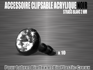 accessoire acrylique noir clipable - strass cristal 2 mm - pour labret bioflex et bioplastic creux.