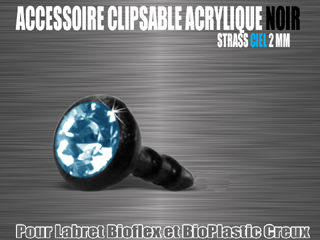 5 accessoire acrylique noir clipable - strass ciel 2 mm - pour labret bioflex et bioplastic creux.