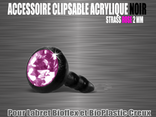 5 accessoire acrylique noir clipable - strass rose 2 mm - pour labret bioflex et bioplastic creux.
