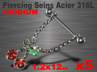 lot de 5 bijoux de seins acier 316 l - 1.2 x 12 - accessoire rodium