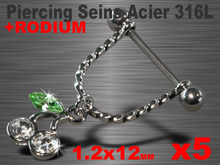 lot de 5 bijoux de seins acier 316 l - 1.2 x 12 - accessoire rodium