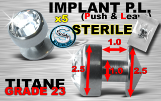 5 implants pl (push & leave) stériles - grade 23 - cristal blanc serti jonc : 1.0 mm / hauteur : 1.0 mm diametre cone : 2.5 mm / diametre pierre : 2.5 mm