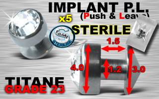 5 implants pl (push & leave) stériles - grade 23 - cristal blanc serti jonc : 1.2 mm / hauteur : 1.5 mm diametre cone : 3.0 mm / diametre pierre : 4.0 mm
