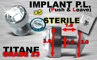 5 implants pl (push & leave) stériles - grade 23 - cristal blanc serti jonc : 1.2 mm / hauteur : 1.8 mm diametre cone : 3.0 mm / diametre pierre : 3.0 mm