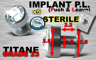 5 implants pl (push & leave) steriles - grade 23 - cristal blanc serti jonc : 1.0 mm / hauteur : 2.2 mm diametre cone : 2.5 mm / diametre pierre : 2.5 mm