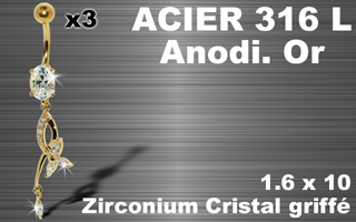 lot de 3 bananes acier 316 l + anodise or - 1.6 x 10 - cristal zircon griffe