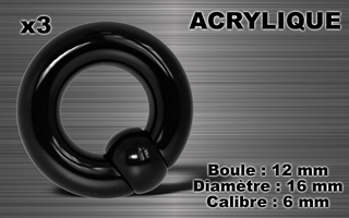 lot de 3 bcr acrylique noir - diametre : 16 mm - jonc : 6.0 mm