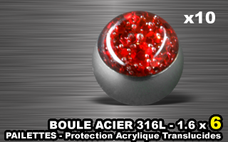 lot de 10 boules acier 316 l - 1.6 x 6 mm - pailettes avec protection acrylique translucide. rouge