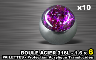 lot de 10 boules acier 316 l - 1.6 x 6 mm - pailettes avec protection acrylique translucide. mauve