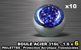 lot de 10 boules acier 316 l - 1.6 x 6 mm - pailettes avec protection acrylique translucide. bleu