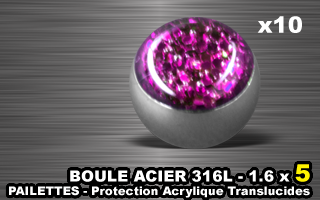 lot de 10 boules acier 316 l - 1.6 x 5 mm - pailettes avec protection acrylique translucide. rose