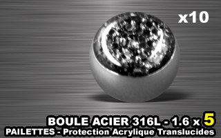 lot de 10 boules acier 316 l - 1.6 x 5 mm - pailettes avec protection acrylique translucide. noir