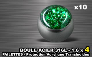 lot de 10 boules acier 316 l - 1.6 x 4 mm - pailettes avec protection acrylique translucide. vert