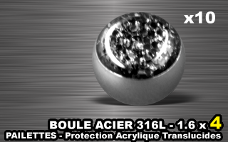 lot de 10 boules acier 316 l - 1.6 x 4 mm - pailettes avec protection acrylique translucide. noir