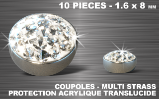 lot de 10 coupoles acier 316 l - diametre 8 mm - vissage 1.6 mm - multi strass cristal - protection acrylique translucide