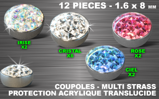 lot de 12 coupoles acier 316 l - diametre 8 mm - vissage 1.6 mm - multi strass - protection acrylique translucide