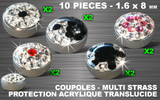 lot de 10 coupoles acier 316 l - diametre 8 mm - vissage 1.6 mm - multi strass cristal - protection acrylique translucide