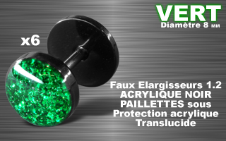 lot de 6 faux elargisseur acrylique noir - 1.2 - diametre 8mm - paillette vert - couvercle acrylique translucide