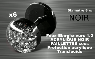 lot de 6 faux elargisseur acrylique noir - 1.2 - diametre 8mm - paillette noire - couvercle acrylique translucide