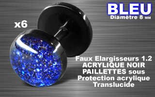 lot de 6 faux elargisseur acrylique noir - 1.2 - diametre 8mm - paillette bleu - couvercle acrylique translucide