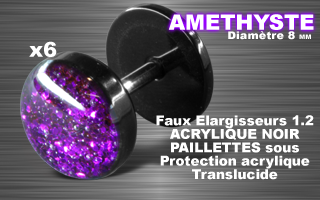lot de 6 faux elargisseur acrylique noir - 1.2 - diametre 8mm - paillette amethyste - couvercle acrylique translucide