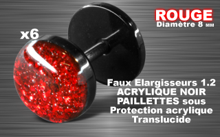 lot de 6 faux elargisseur acrylique noir - 1.2 - diametre 8mm - paillette rouge - couvercle acrylique translucide